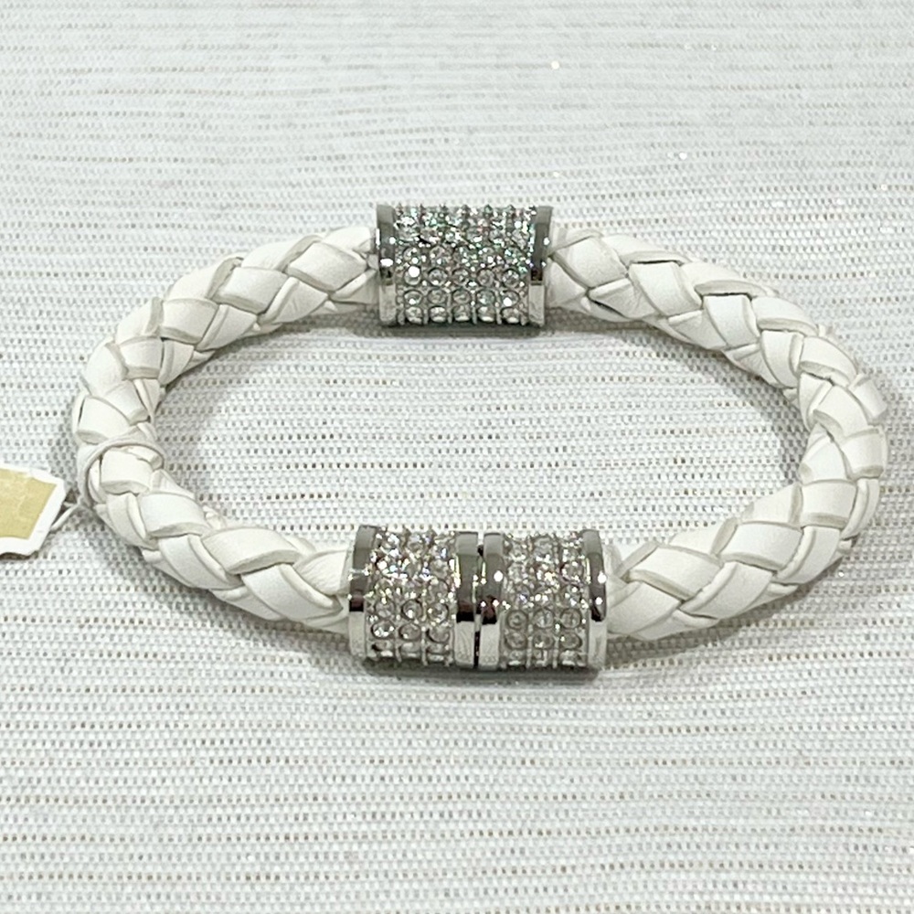 Nwt - Michael Kors White Leather & Pave Braided Bracelet With Magnetic Closure